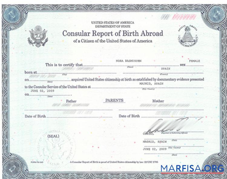 Blank United States Department of State certificate of birth abroad real example